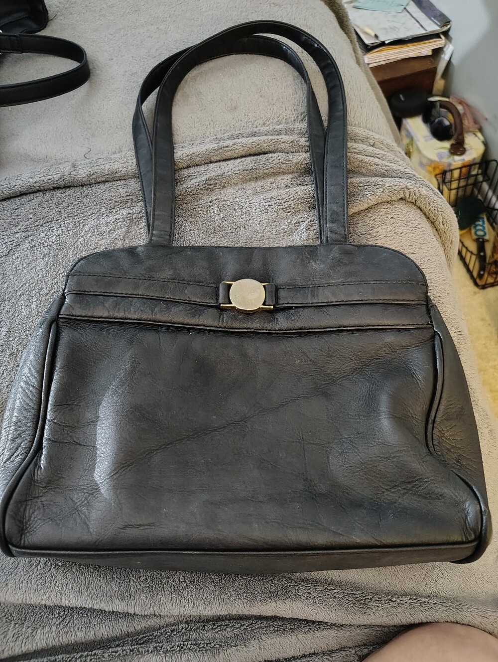 Laura Scott Classic Black Leather Tote Bag with Gold Accent -